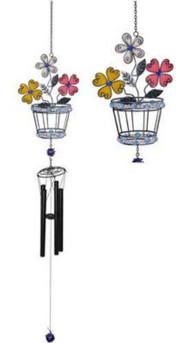 Glittery flower in pot with attached wind chime, perfect for adding charm to your garden or home decor.