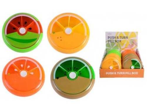 Vibrant fruit-themed pill box with a push-and-turn mechanism for easy vitamin and medication organization.