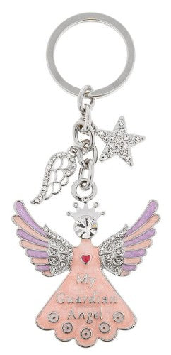 Elegant silver-plated keyring featuring a Guardian Angel design, symbolizing protection and guidance.