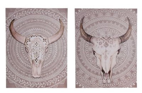 Bohemian cow skull canvas set of 2, each measuring 60 x 45cm, perfect for rustic home decor.