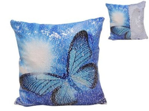 Blue sequin butterfly cushion measuring 40x40cm, perfect for adding elegance and comfort to any room decor.