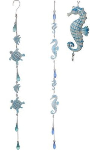 Hanging ornament set featuring a beach turtle and seahorse, each 85cm, perfect for coastal decor and ocean-themed celebrations.