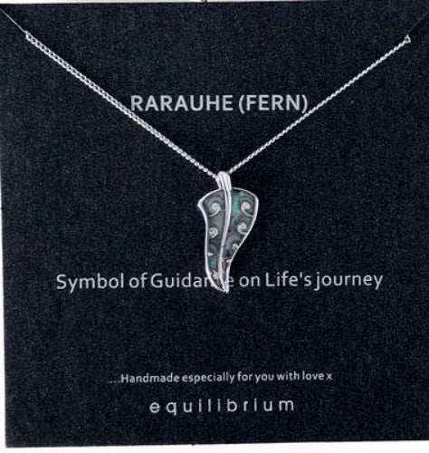 Elegant silver-plated necklace with a vibrant paua fern design, celebrating New Zealand's natural beauty.