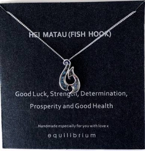 Silver-plated Kiwiana necklace featuring a vibrant Paua fish hook, embodying Maori heritage and New Zealand charm.