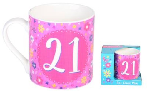 A floral 21st birthday mug, 12cm, perfect for hot or cold drinks, microwave and dishwasher safe, stylish and durable.