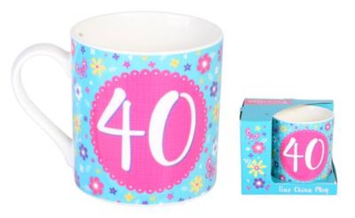 Elegant ceramic Bloom 40th Mug with floral designs, perfect for sipping coffee or as a decorative keepsake for milestone birthdays.