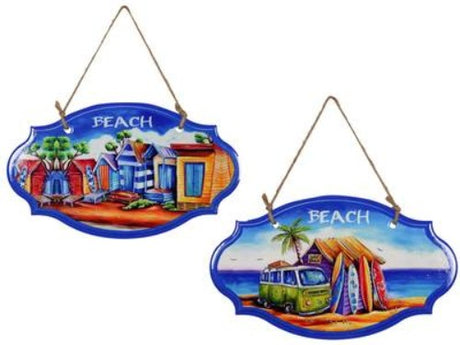 Set of 2 assorted ceramic beach plaques, 29cm, featuring unique coastal designs for home and beach house decor.