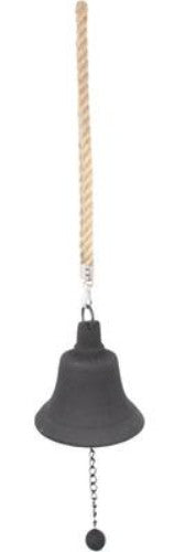 Cast iron hanging bell with a diameter of 14cm, complete with a durable rope for easy installation.