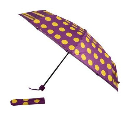 Compact polka dot umbrella with automatic open/close feature, stylish and durable for on-the-go protection from rain.