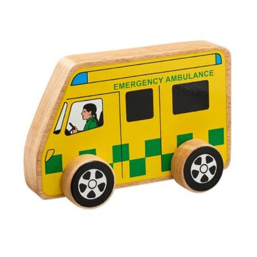 14cm wooden ambulance toy by Lanka Kade, designed for imaginative play and role-playing adventures for young children.