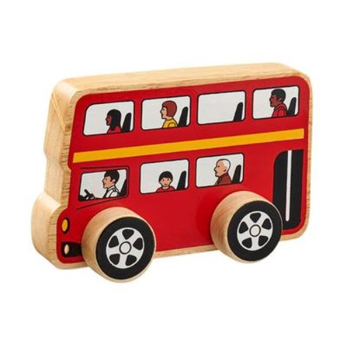 Vibrant wooden double decker bus toy, 14cm, designed for imaginative play and fine motor skill development in toddlers.