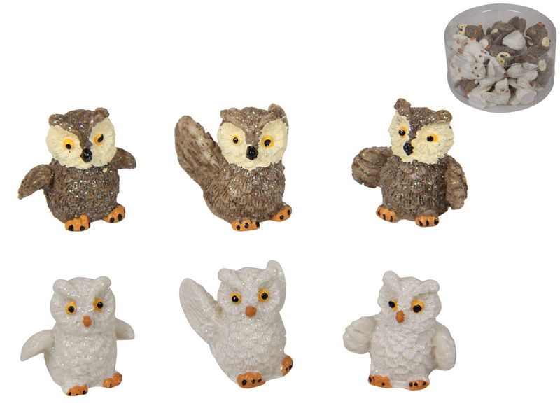 Pack of 24 assorted miniature owls, perfect for home decor, crafts, and educational displays with unique colors and designs.