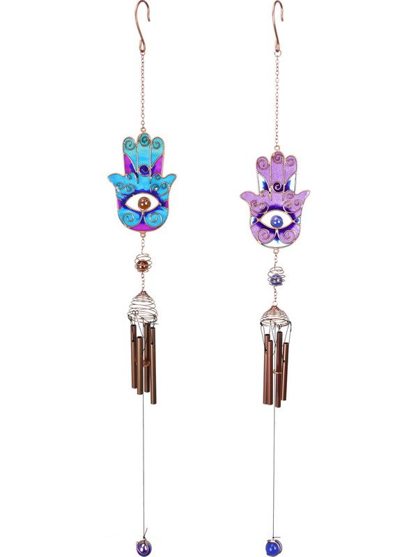 Two-tone Hamsa hand wind chimes (set of 2) designed for outdoor decor, symbolizing protection and creating soothing sounds.