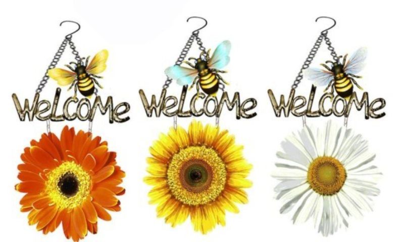 Vibrant metal wall art set featuring assorted flowers and bees, perfect for adding nature-inspired decor to your home.