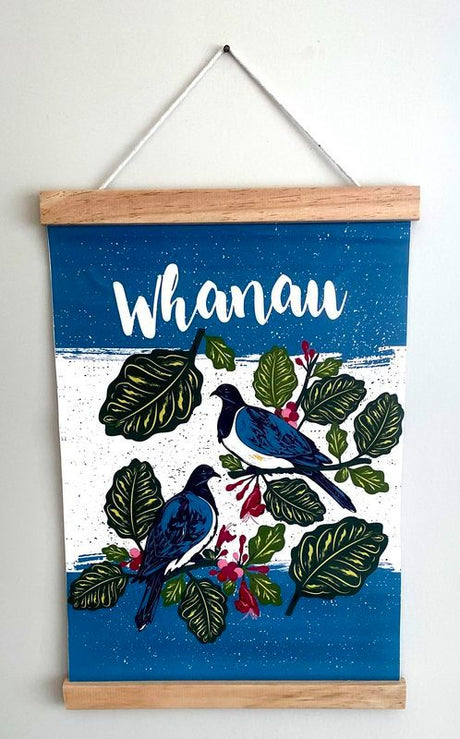 Set of 3 waterproof wall art hangings depicting WHANAU/TUI, each 30cm, blending nature and culture for elegant decor.