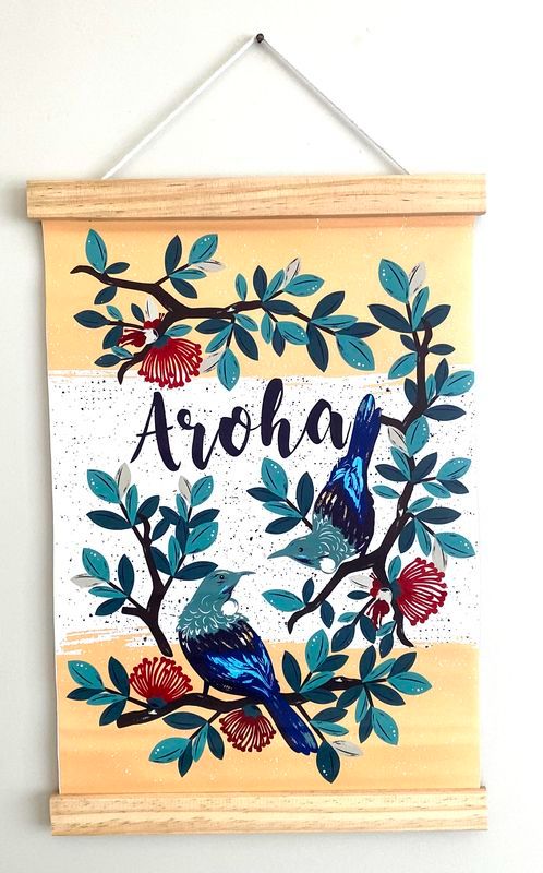 Set of 3 waterproof canvas wall hangings featuring Aroha and Tui motifs, perfect for indoor or outdoor decor.