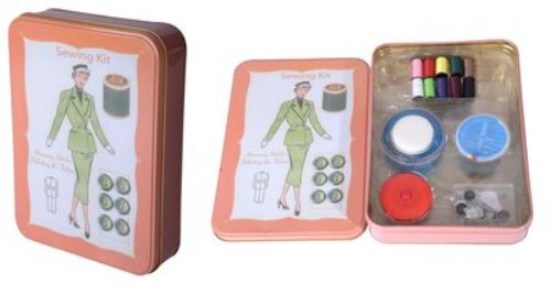 Sewing kit in a 22cm tin featuring essential tools for quick repairs and creative projects.