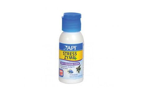 API Stress Zyme 30mL for aquariums, featuring 300M+ live bacteria to reduce ammonia and nitrite for cleaner, healthier fish habitats.