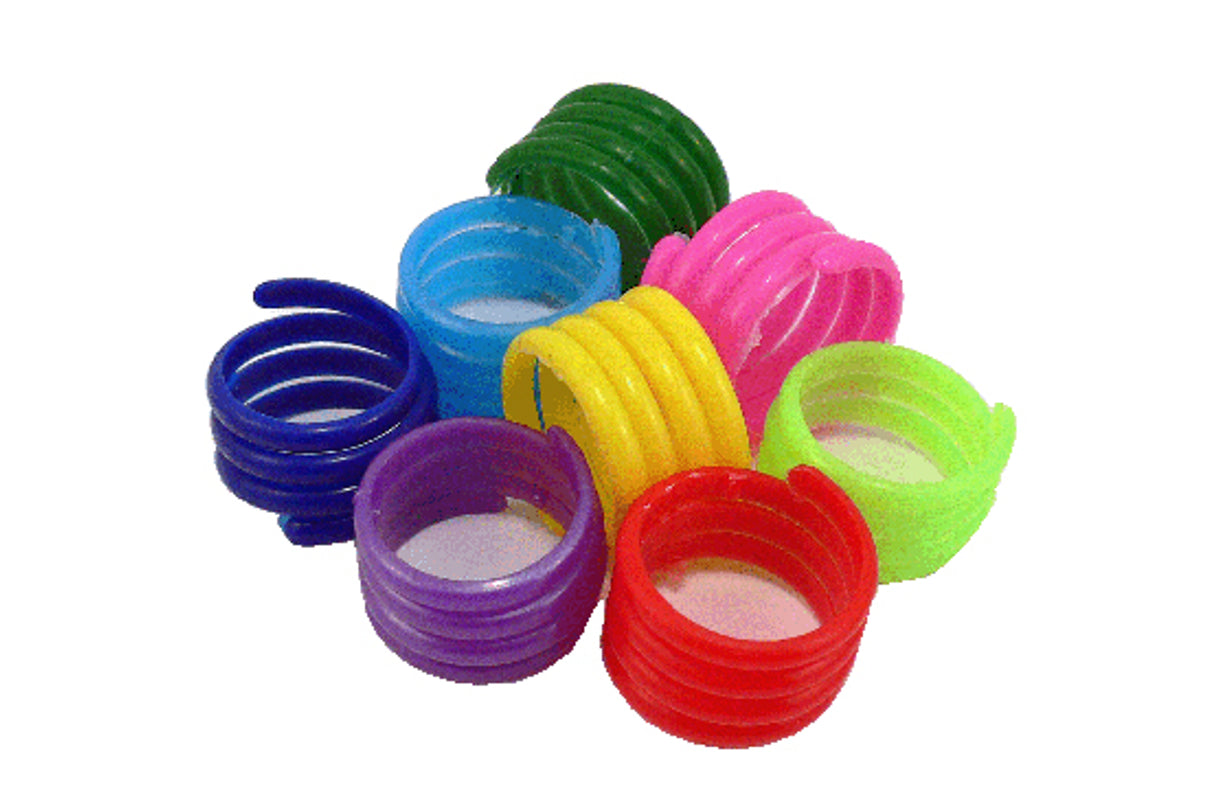 Spiral leg ring for adult chickens, 18mm size, lightweight, durable, available in random vibrant colors for easy flock management.