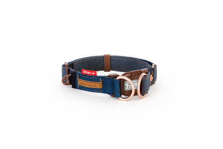 Stylish EzyDog Double Up XL Denim Dog Collar featuring double D-rings for strength, reflective stitching, and soft-touch webbing.