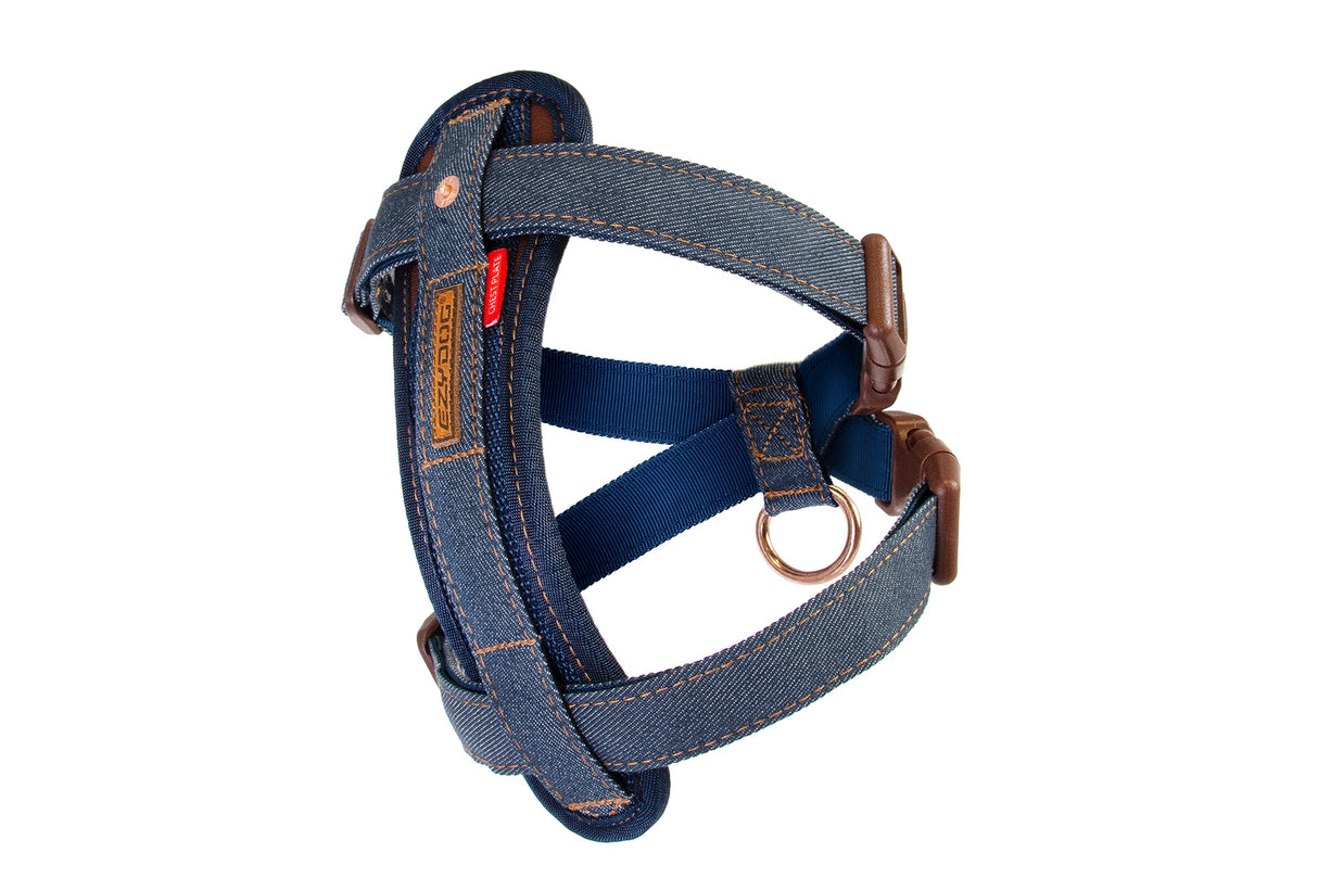 EzyDog XS Denim dog harness with ergonomic chest plate for comfort, safety, and easy adjustments during walks.