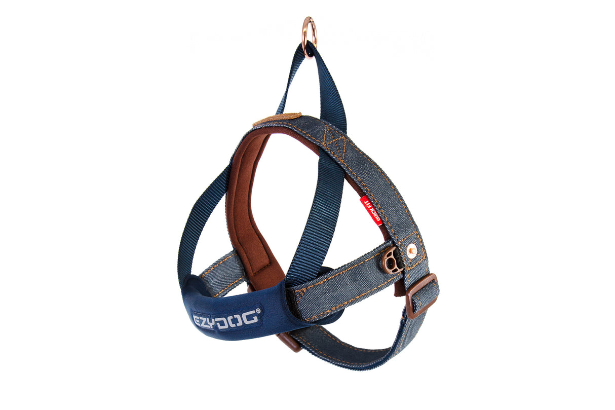 EzyDog QF XS Denim Dog Harness, featuring a quick-fit buckle, comfy neoprene strap, and reflective stitching for safety.