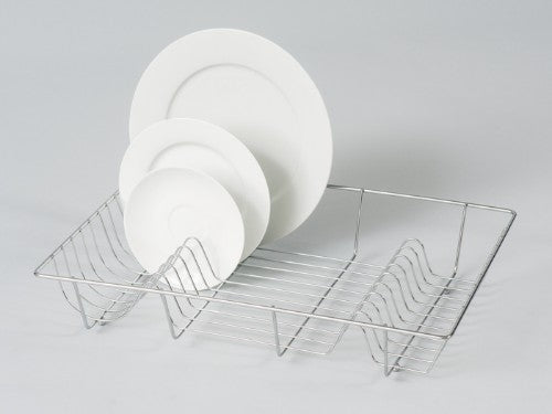 Chrome dish drainer for efficient dish drying; stylish, rust-resistant, and perfect for optimizing kitchen space.