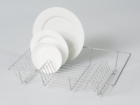 Chrome dish drainer for efficient dish drying; stylish, rust-resistant, and perfect for optimizing kitchen space.