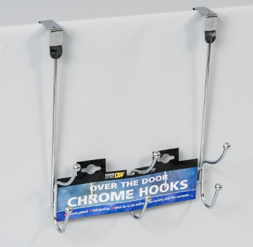 Chrome over door hooks with three sturdy hooks, ideal for hanging items without screws, and features a protective felt pad.