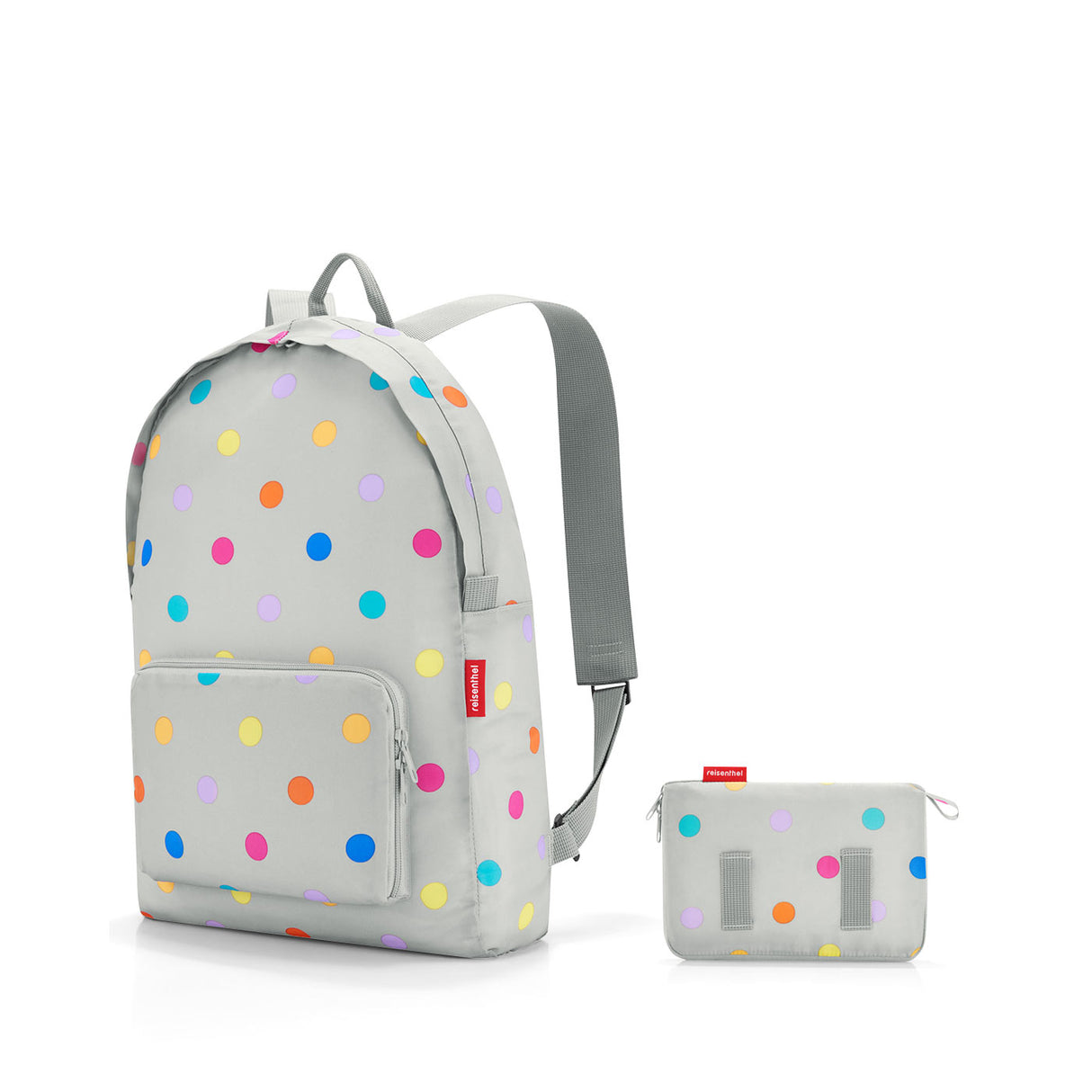 Stylish Reisenthel Mini Maxi Rucksack in Stonegrey Dots, compactly folds into its front pocket, perfect for all adventures.
