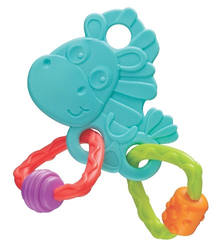 Vibrant Clip Clop Activity Teether featuring animal designs, safe silicone, and sensory textures for soothing and play.