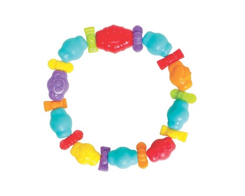 Vibrant Playgro Jungle Friends teething ring with textures for sensory play, safe for soothing teething toddlers.