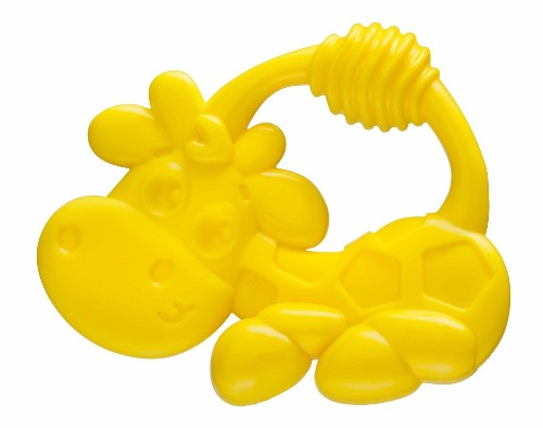 Vibrant giraffe-shaped mini teether with soft textures, ideal for soothing teething babies and promoting sensory exploration.