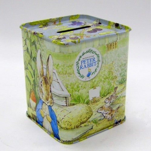 Charming Peter Rabbit tin money box for kids, perfect for teaching savings with vibrant illustrations and durable design.