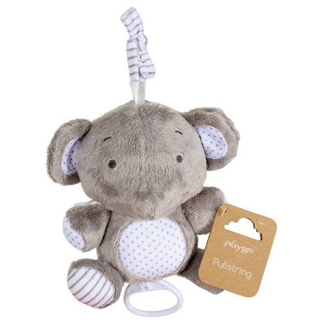 Grey elephant musical pullstring toy by Playgro, designed for sensory development and soothing melodies for infants.