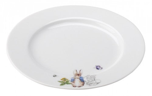 Set of 4 Peter Rabbit dessert plates featuring whimsical illustrations, perfect for family meals and charming presentations.