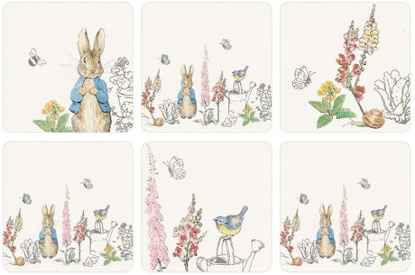 Set of 6 Peter Rabbit coasters featuring iconic illustrations, perfect for adding whimsy and charm to any table setting.