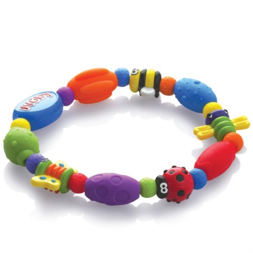 Brightly colored Nuby Bug A Loop Teether featuring textured surfaces for safe gum massage, ideal for teething infants 3 months and older.