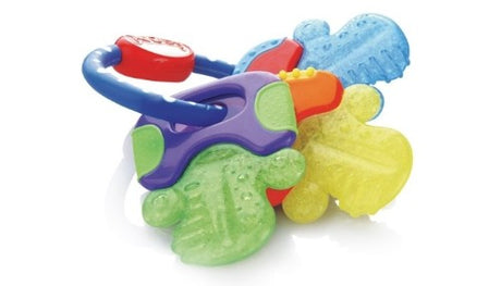 Nuby Icybite Teether Ring with colorful shapes and cold non-toxic gel for soothing sore gums in teething infants.