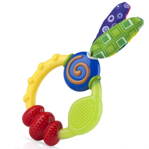 Brightly colored Nuby Wacky Ring Teether with soft silicone bristles, designed for infants to soothe teething discomfort.