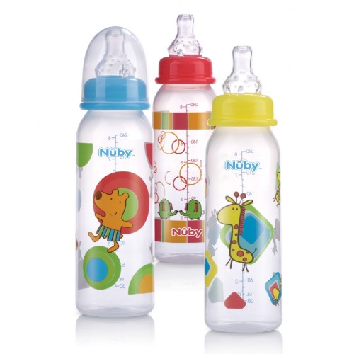 Colorful Nuby Printed Bottles (3 Pack) for babies, featuring anti-colic design and Non-Drip teats for comfortable feeding.