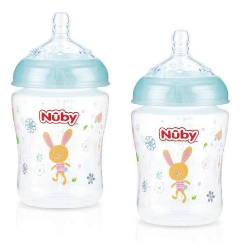 Nuby Wide Neck Bottles in assorted designs, 270ml, BPA-free, with slow-flow teats and teething nubs, great for infants.