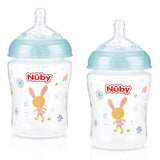 Nuby Wide Neck Bottles in assorted designs, 270ml, BPA-free, with slow-flow teats and teething nubs, great for infants.