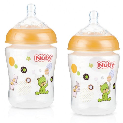 Nuby Wide Neck Bottles (2 Pack) featuring slow-flow teats, anti-colic design, and playful assorted patterns for infants.