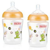 Nuby Wide Neck Bottles (2 Pack) featuring slow-flow teats, anti-colic design, and playful assorted patterns for infants.