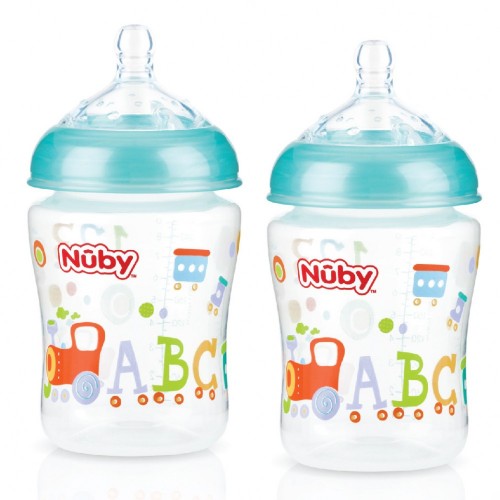 Nuby Wide Neck Bottles (2 Pack) featuring slow-flow teats, anti-colic design, and fun assorted patterns for infants.