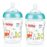 Nuby Wide Neck Bottles (2 Pack) featuring slow-flow teats, anti-colic design, and fun assorted patterns for infants.