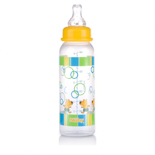 Nuby Printed Bottle (Assorted) features a BPA-free design with medium-flow teats, anti-colic system, and fun unique prints.