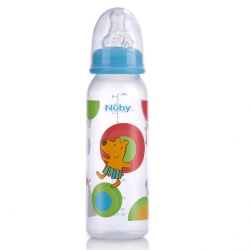 Nuby Printed Bottle, 240ml, BPA-free, features fun designs, anti-colic air system, and medium-flow teats for teething comfort.