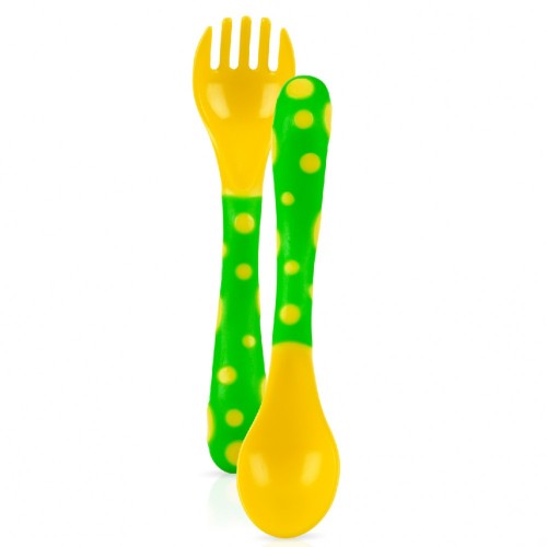 Nuby Starter Fork and Spoon Set for toddlers, designed for small hands, BPA-free, durable utensils for self-feeding.